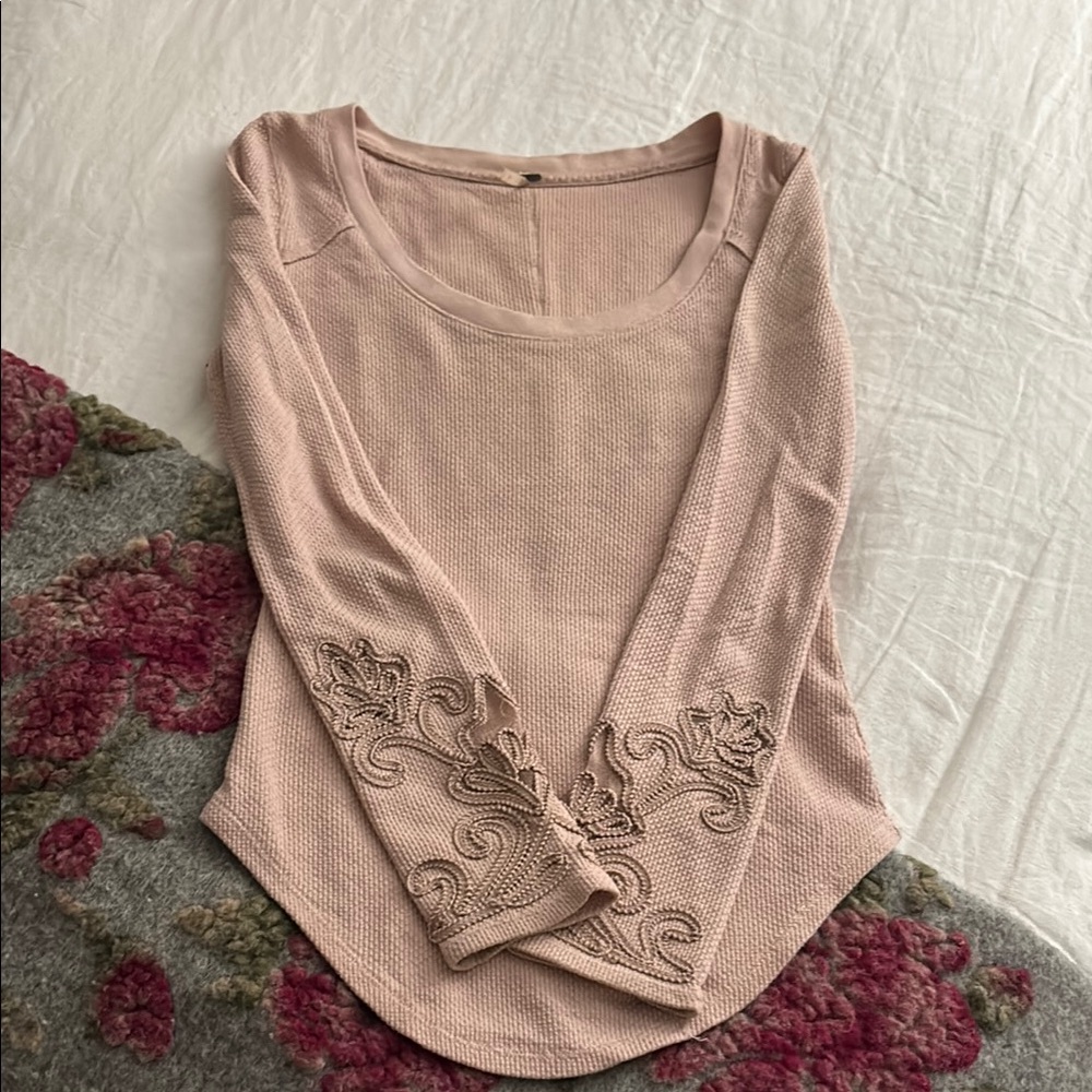 Free People Pink Waffle Knit Thermal embroidered Sleeves Long Sleeve